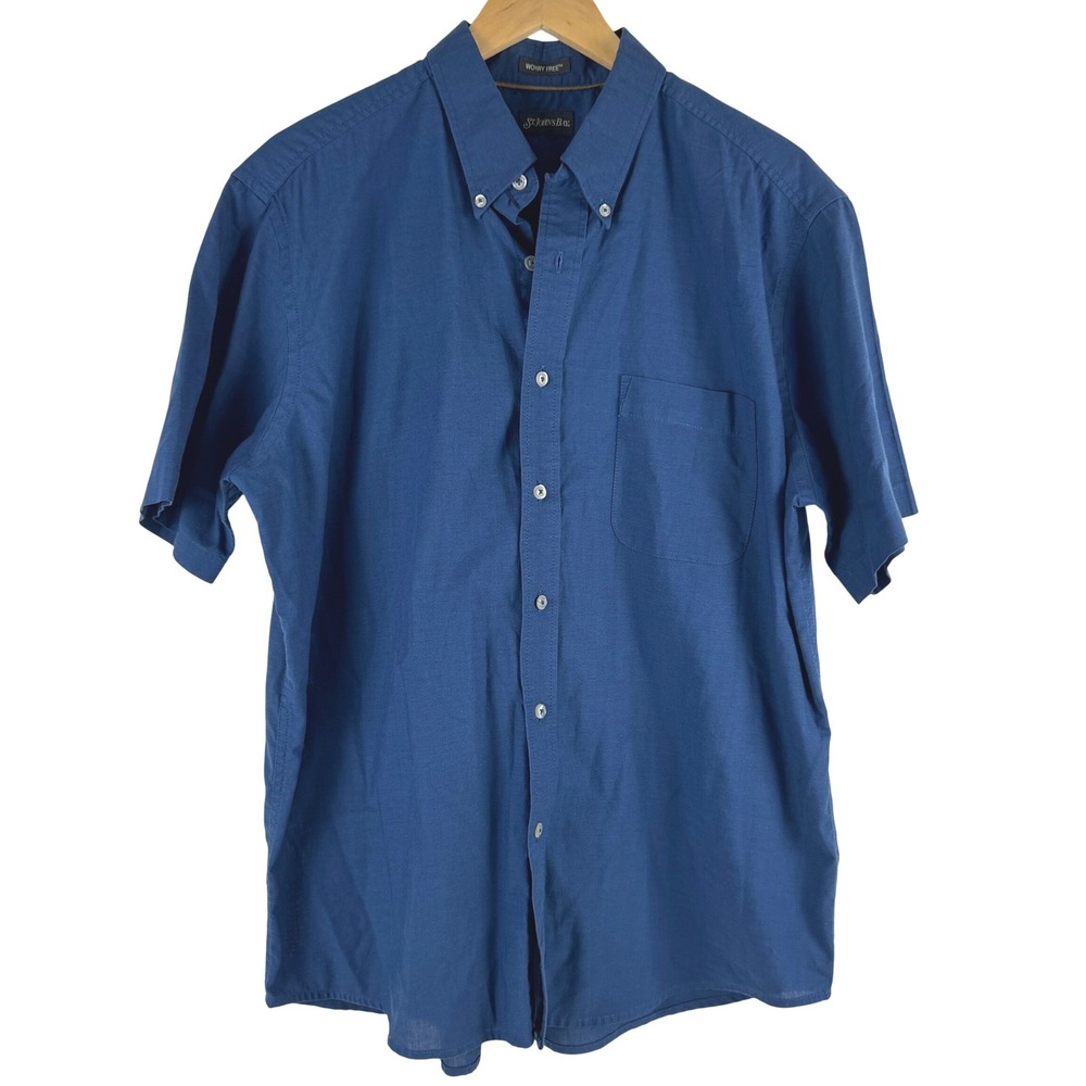 St Johns Bay Worry Free Mens Blue‎ Short Sleeve Button Down Shirt Cotton L